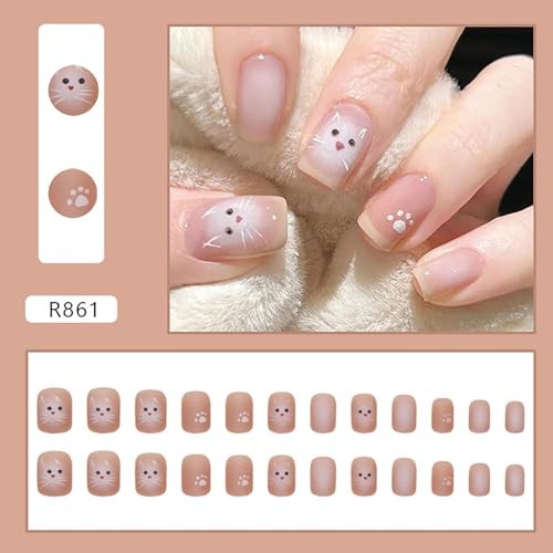 Press on Nails Square Short Length Acrylic Glossy Full Cover Cute White Cat