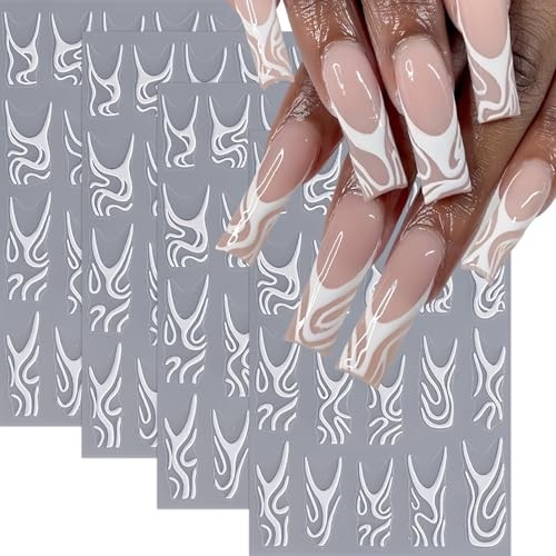 4Pcs White Swirls Lines Nail Stickers 5D Micro-Embossed white swirls lines