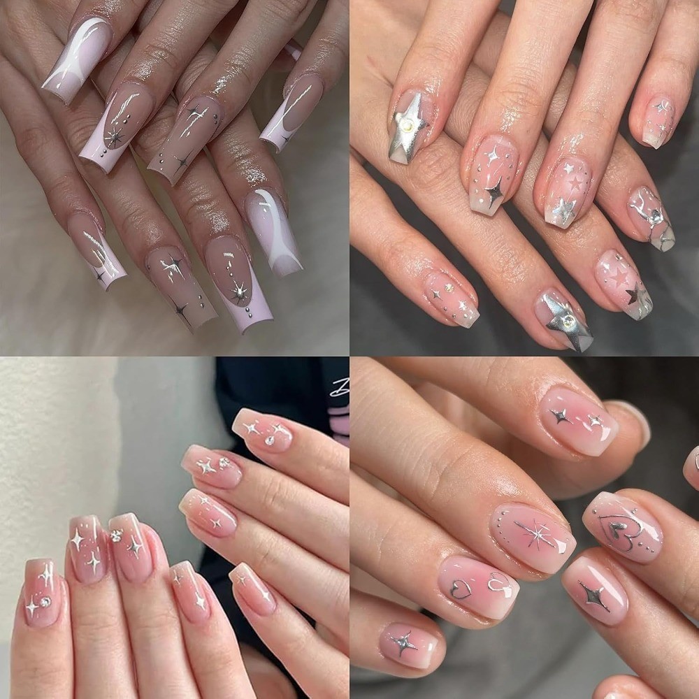 7 Sheets Metallic Silver Nail Stickers Nail Art for Women 3D Star Nail