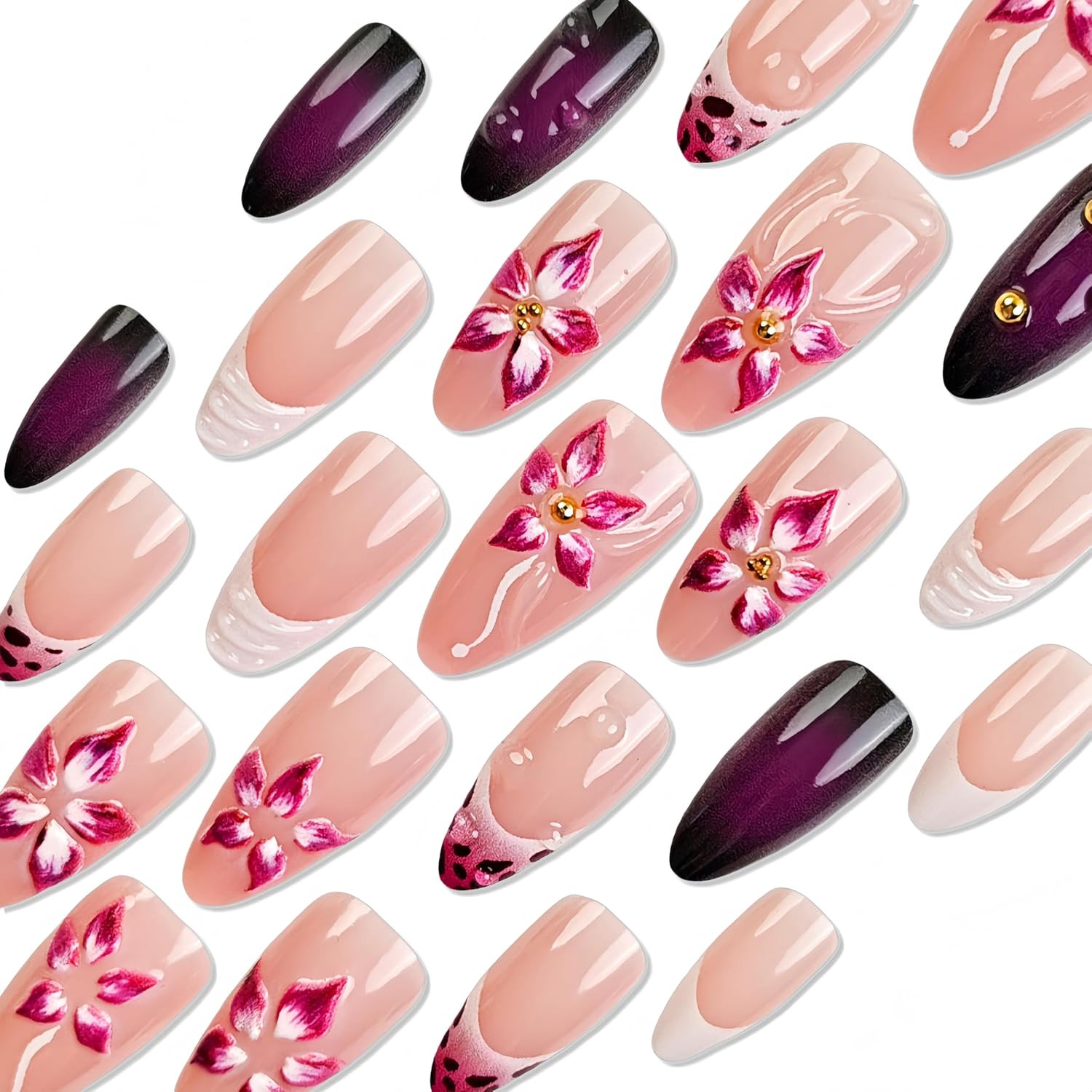 24Pcs Purple Pink Press on Nails Almond Medium 3D Embossed Flower Fake Nails wit