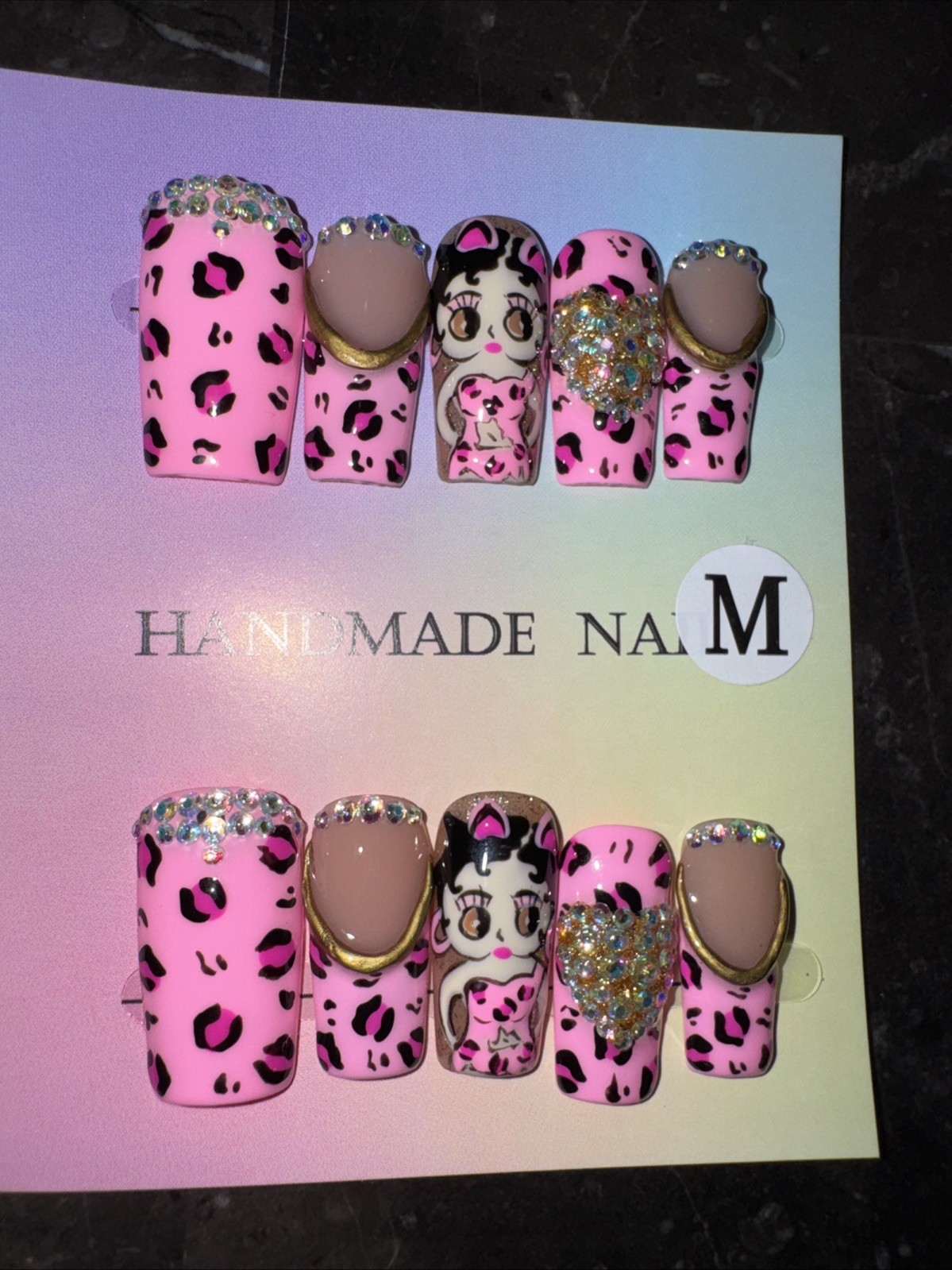 Handmade Betty Boop Inspired Press On Nails Medium Square Glam Rhinestone Set
