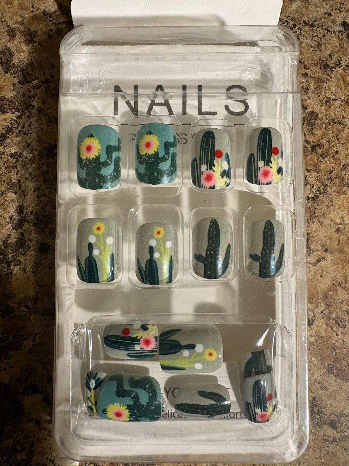 Cactus Flower Press-On Nails Green Pink Yellow White Square Full Cover 24pcs