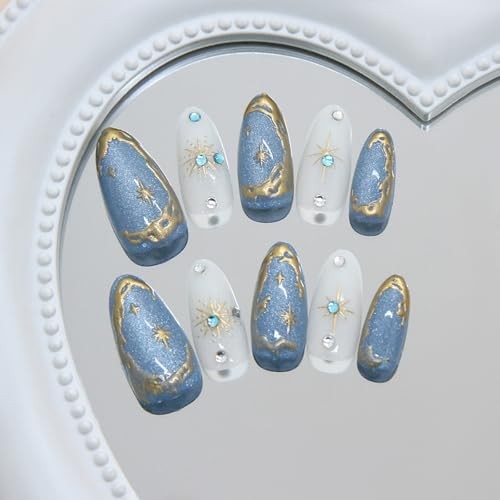 Medium Almond Press on Nails 3D Cat Eye Fake Nails Irregular Gilded Almond-M9