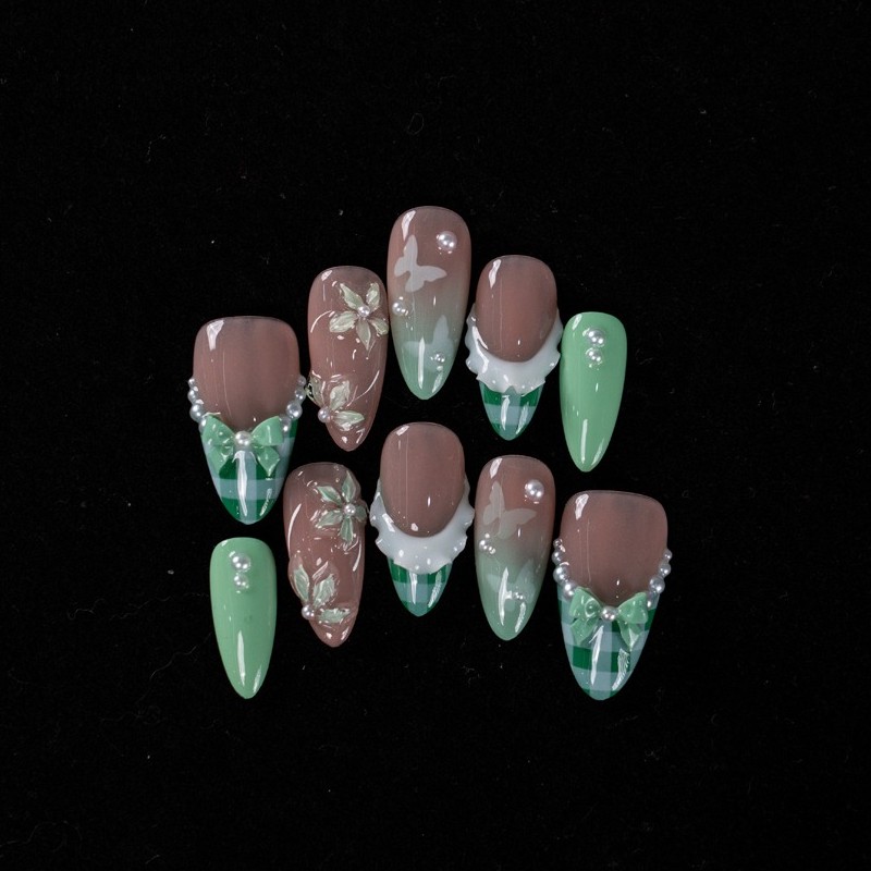 10pcs Green Almond Nails 3D Plaid Tip Flower Bow Pearl All Season