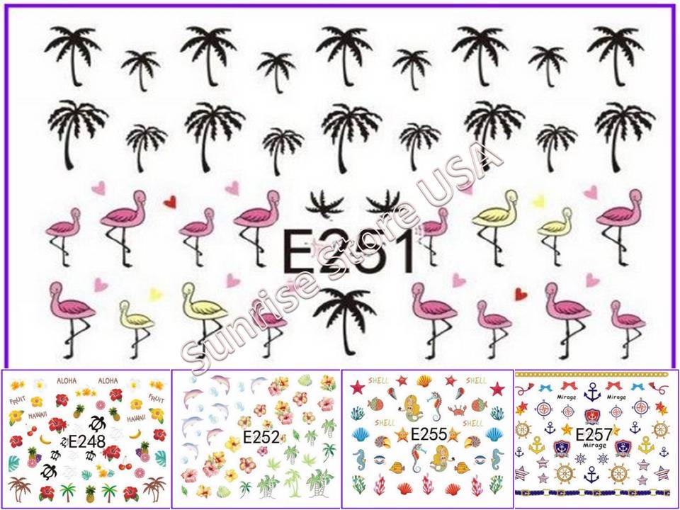 11 Designs 3D Nail Art Sticker Summer Aloha Palm Tree Bird Seashell Flag Decals