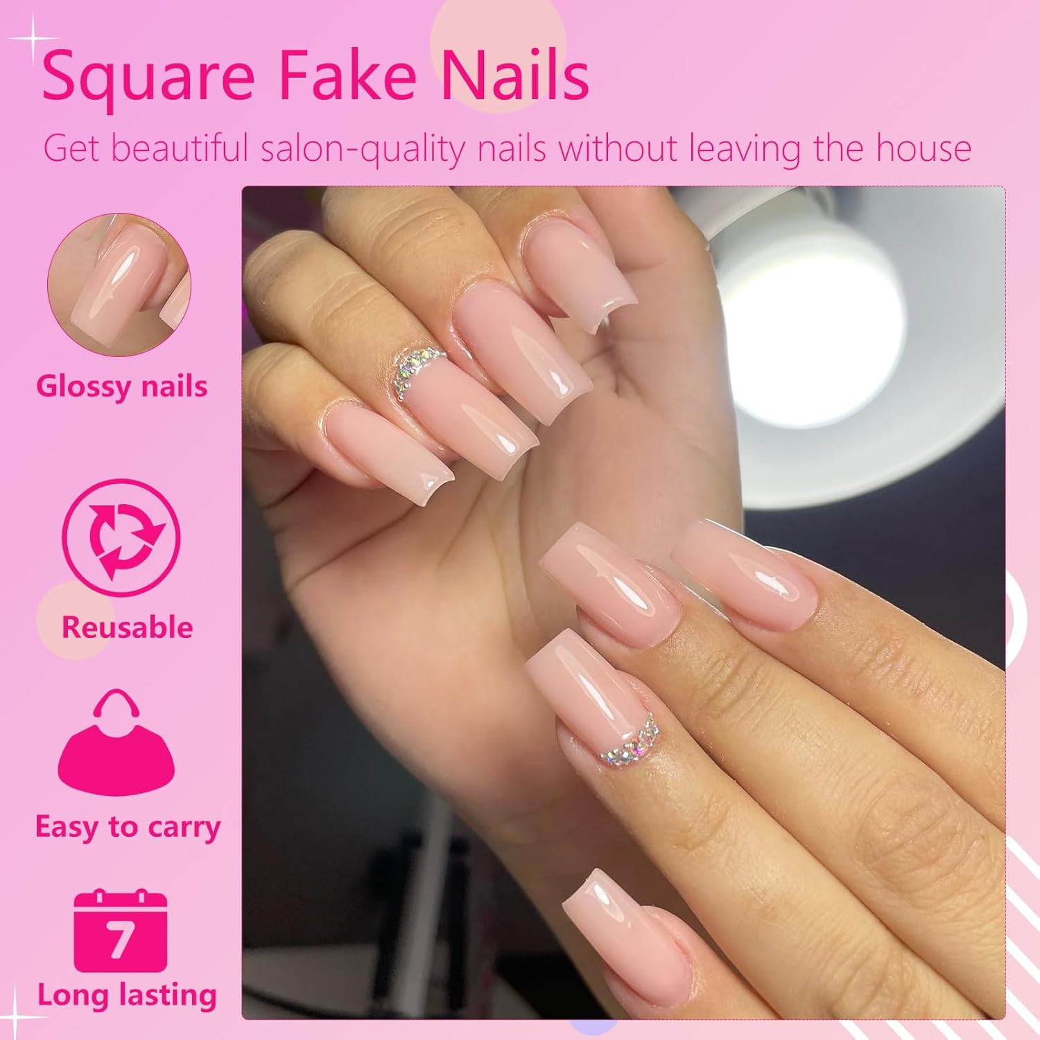 240Pcs Nude Pink Press on Nails Medium Square Fake Nails, Glossy Acrylic