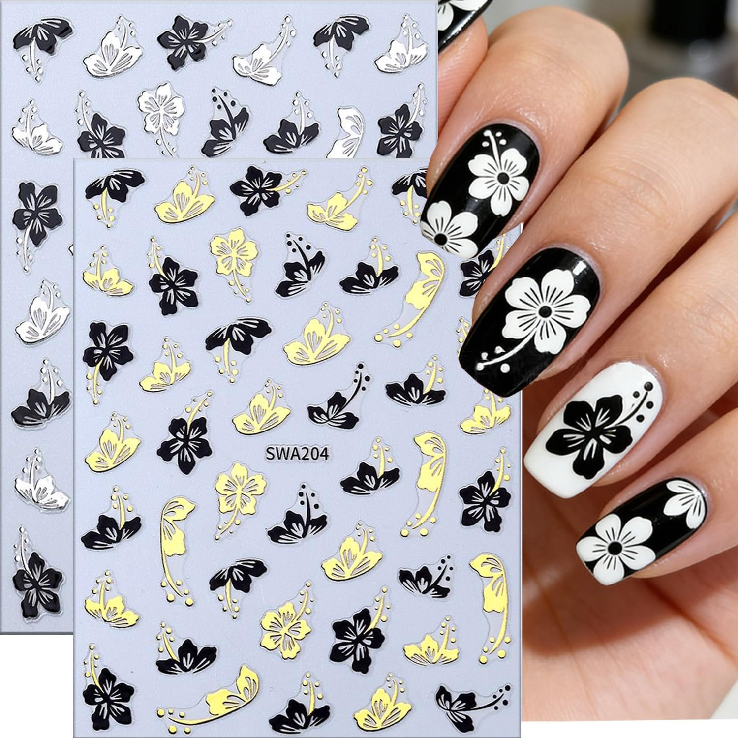 6 Sheets Flower Nail Art Stickers 3D Self -Adhesive Hibiscus Nail Decals Hologra