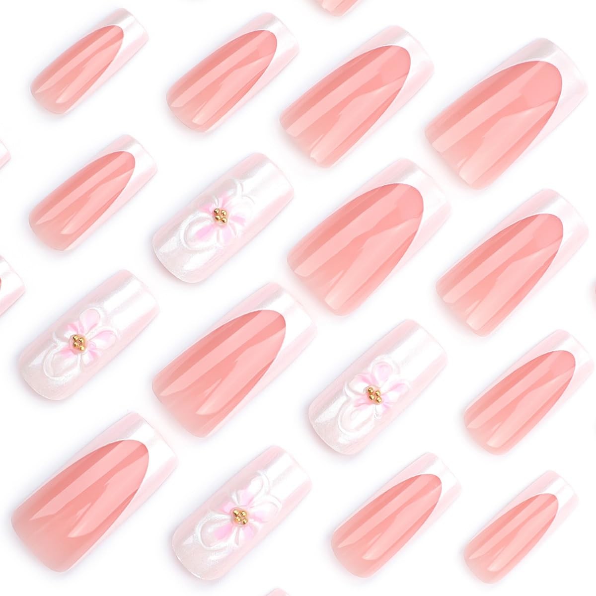 24Pcs 3D Flower Press on Nails Medium Square Fake Nails with White French Tip…