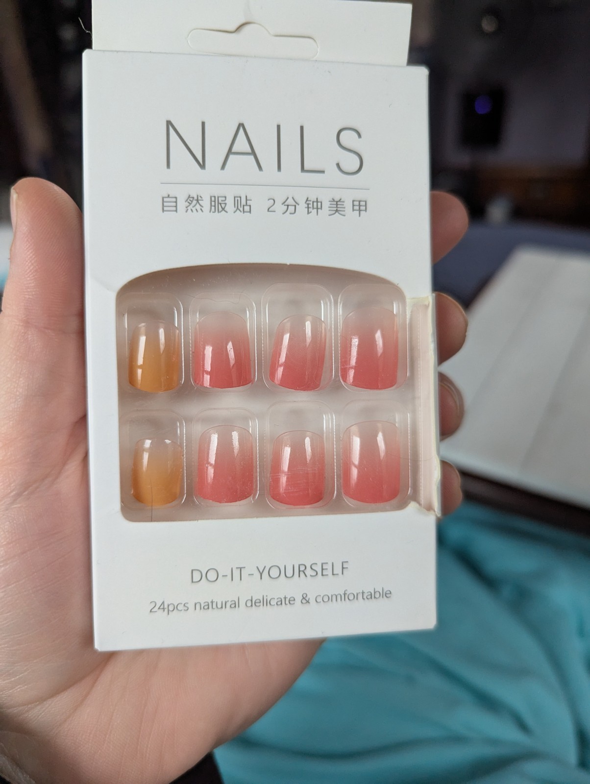 Nails Glue On Acrylic Short Square Nails Pink and Peach Colored