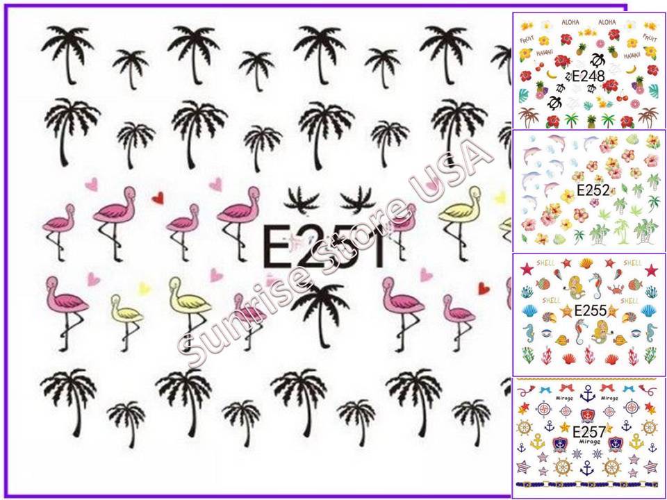 11 Designs 3D Nail Art Sticker Summer Aloha Palm Tree Bird Seashell Flag Decals