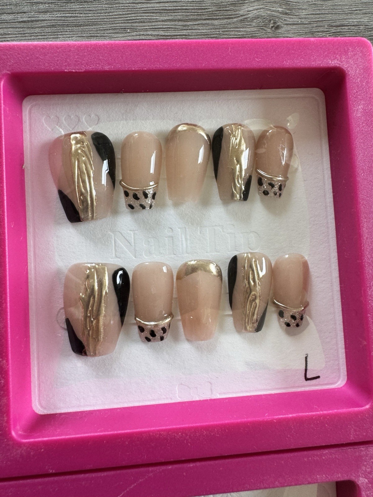 NailTrio Shiny Medium Square Geometric Nude Black Gold Full Cover Press-On Nails