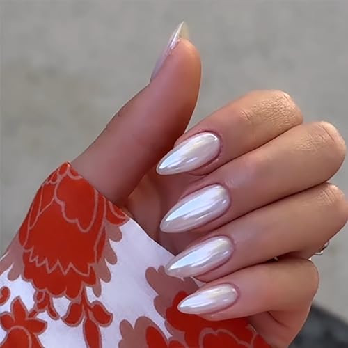 Translucent Pearl White Chrome Press on Nails Medium Long almond pearl white