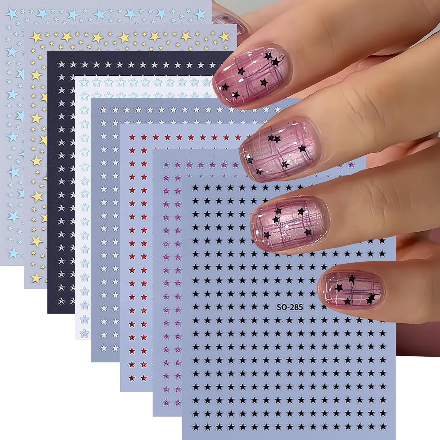 8 Sheets Star Nail Stickers 3D Self-Adhesive Celestial Nail Decals 8 Colors Mini