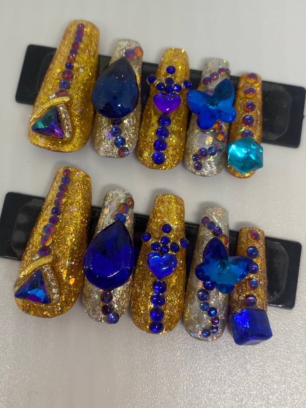 Silver and Gold Foils with Blue Jewels Handmade Press On Nail Set