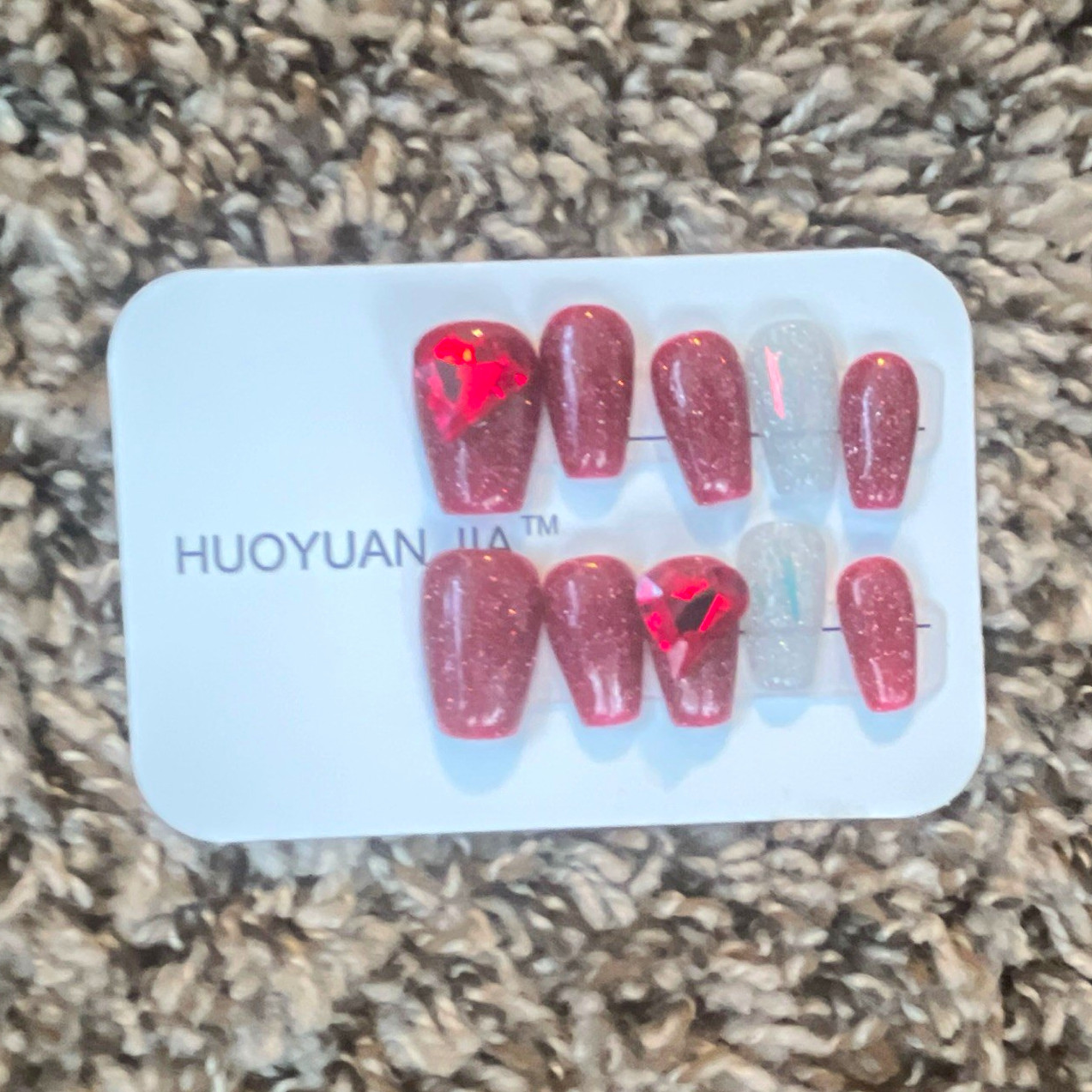 HUOYUAN Pre-Designed Press-On Nails Set Red Glitter Square Full Cover