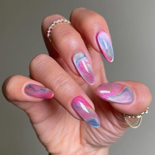 Colorful Press on Nails Almond – Medium Cat Eye Fake cat eye color stripe