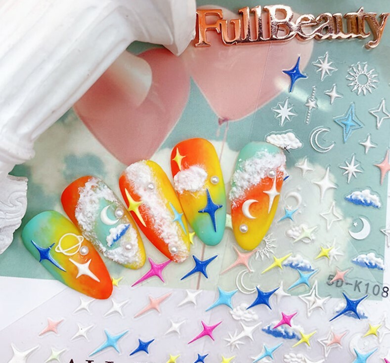 5D Embossed Nail Stickers Galaxies Star Moon Heart Engraved Adhesive DIY NS17