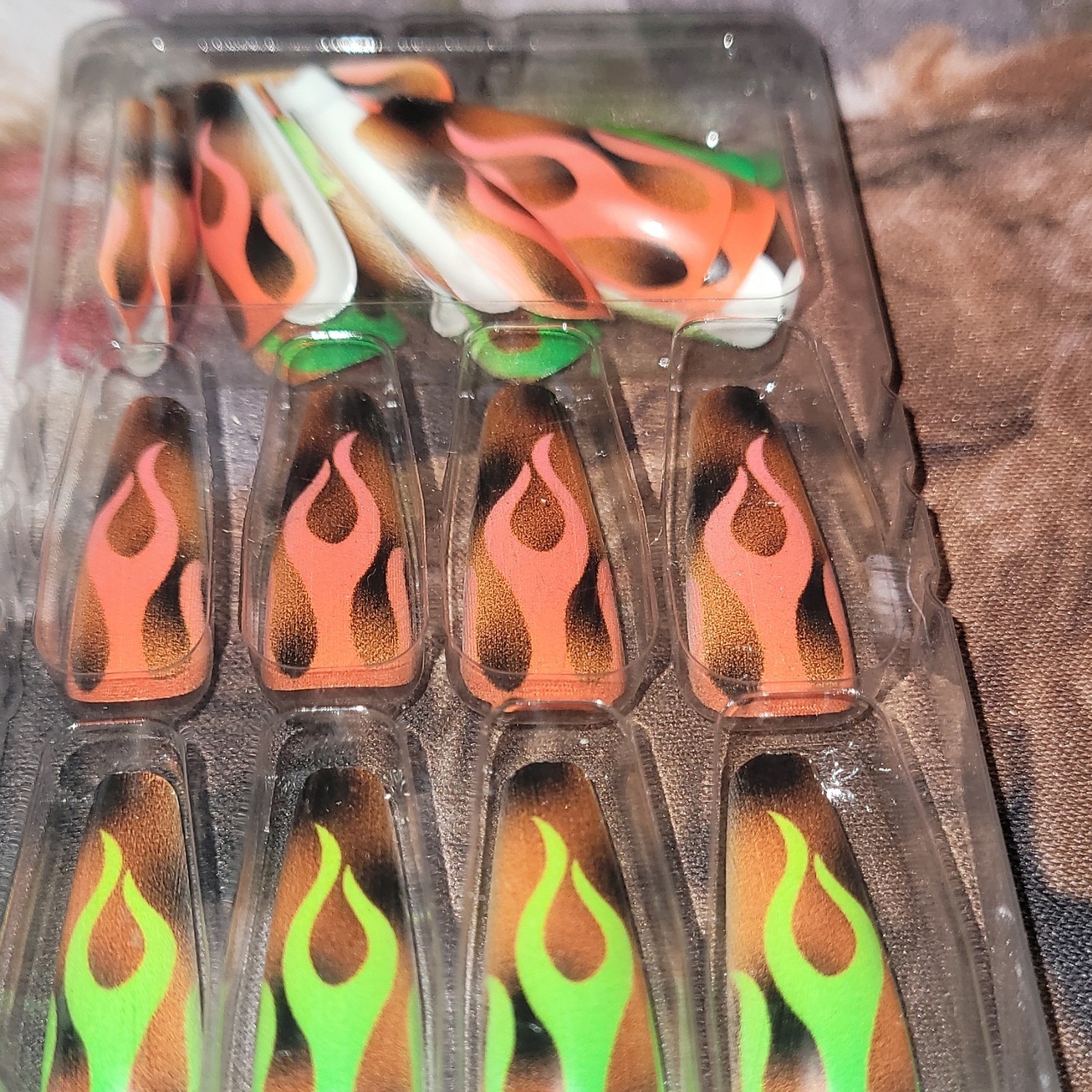 Pre-Designed Press-On Nails Long Coffin Glitter Orange Black Green White Flames