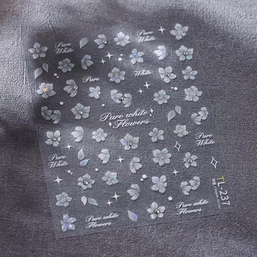 5D Embossed Hibiscus Flower Nail Stickers for Art – Silver 16 Nail Decals