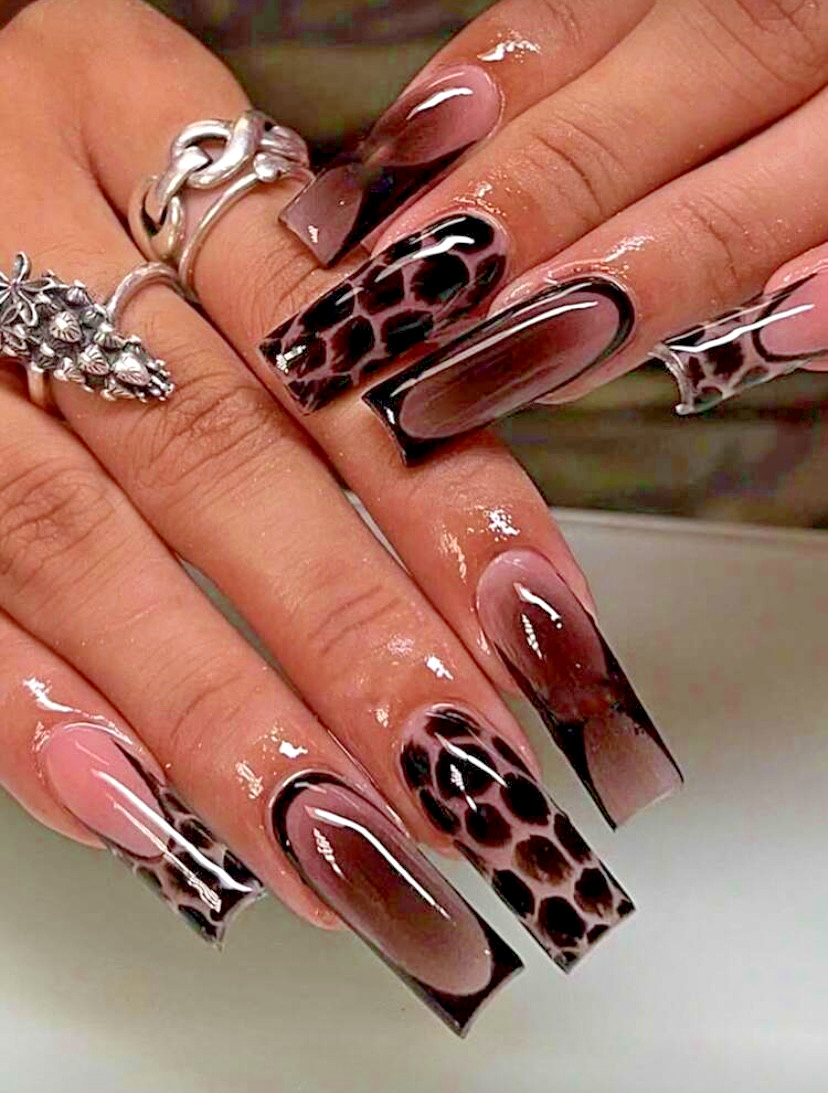 24pcs Long Square Leopard Print French Manicure High Gloss – Press-On Nails New