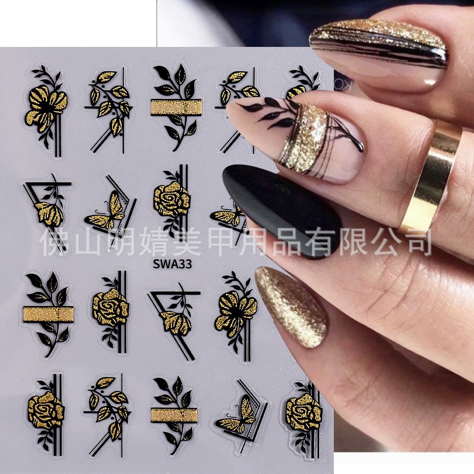 Gold Black Flower Leaf Geometric Nail Art Stickers Self Adhesive SWA33 NH30