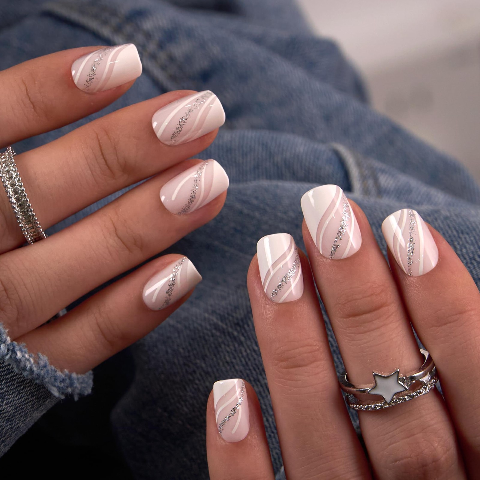 CurvLife Press On Nails Square Silver Whisper