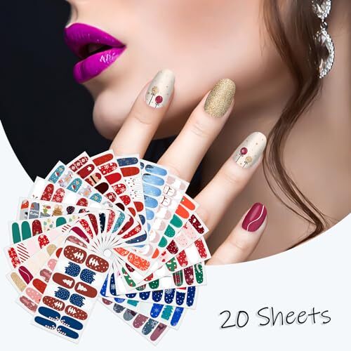 20 Sheets Christmas Nail Polish Stickers Full Nail Wraps for Christmas Style3