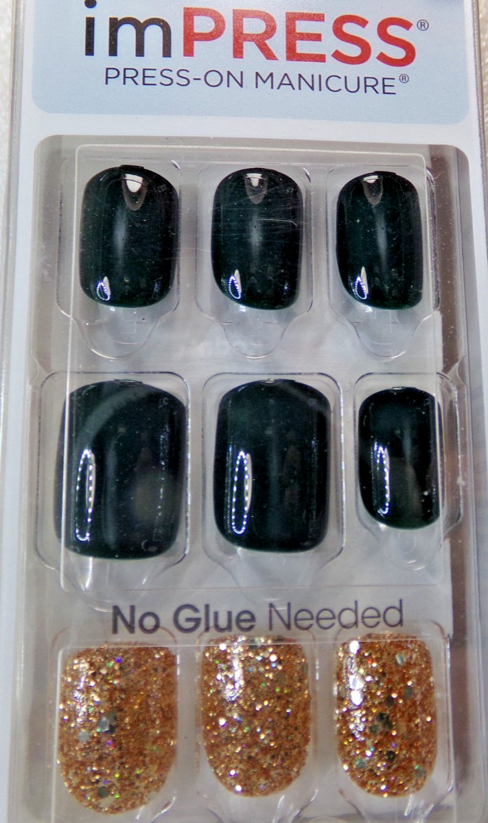 IMPRESS NAILS PRESS ON SHORT Shiny Dark Green with Gold Glitter Accents