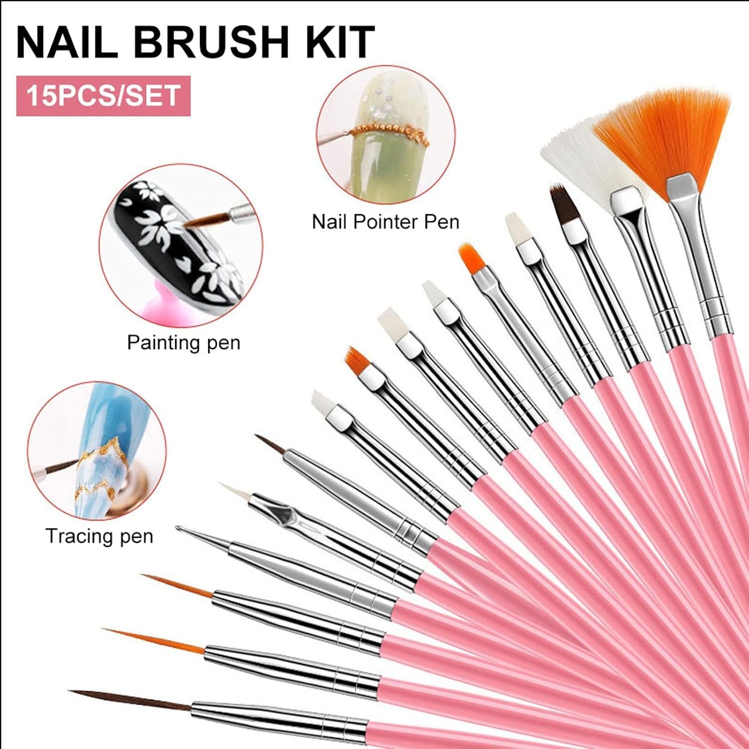 15PCS Gel Nail Art Brushes Set Manicure Dot Nails Set for Diy & Professional Use