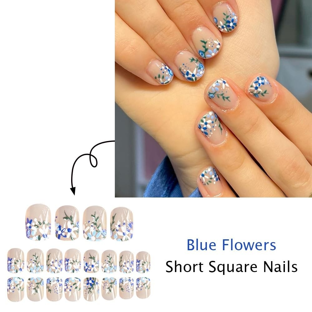 Flower Press on Nails Short Square Fake Nails with Blue Floral Design Glossy …