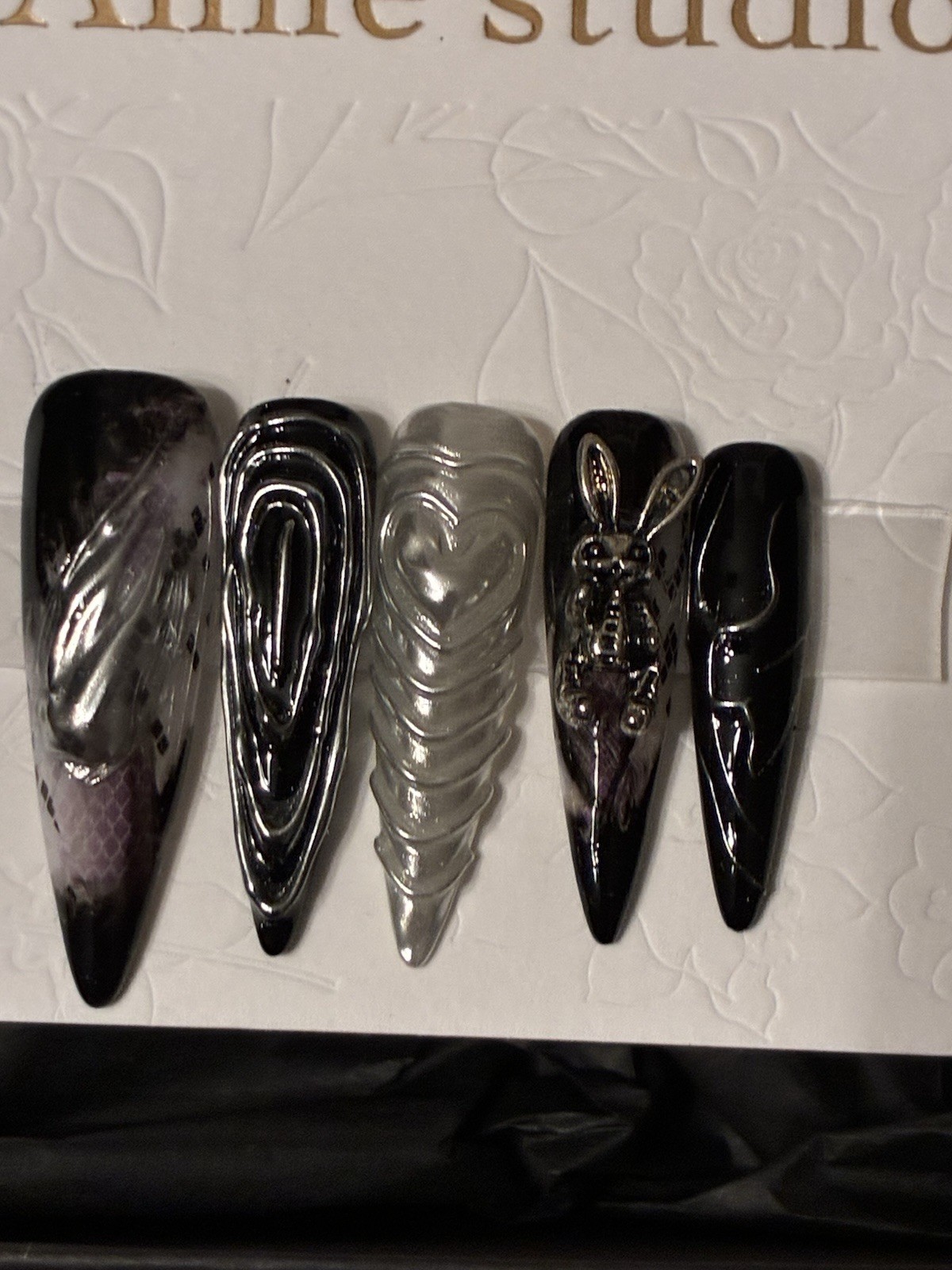 Luxury Designer Stiletto Goth 3D Rabbit Black & White Press On Nails Gift Sets M