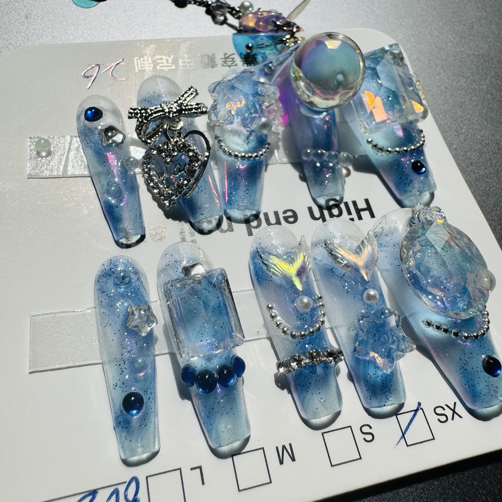 Press-On Nails Extra Long Coffin Blue/White/Clear Ocean Theme 3D Full Cover