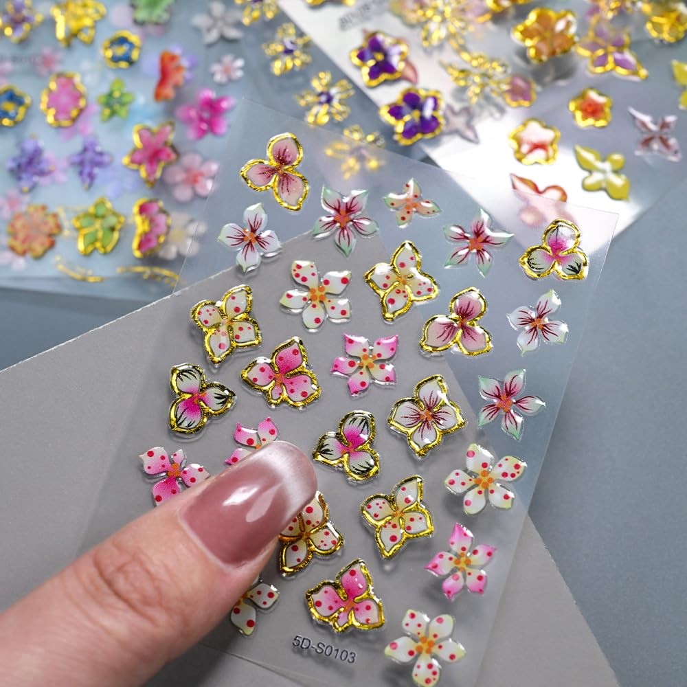 5D Embossed Colorful Summer Flower Nail Art Stickers Decals Style8 Embossed