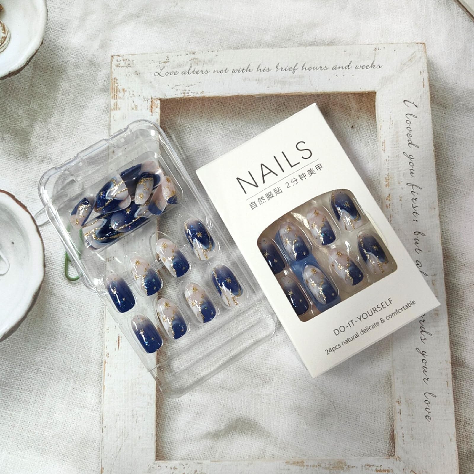 Dark Blue Press on Nails Oval Fake Nails Gold Glitter False Nails Gel Glue on…