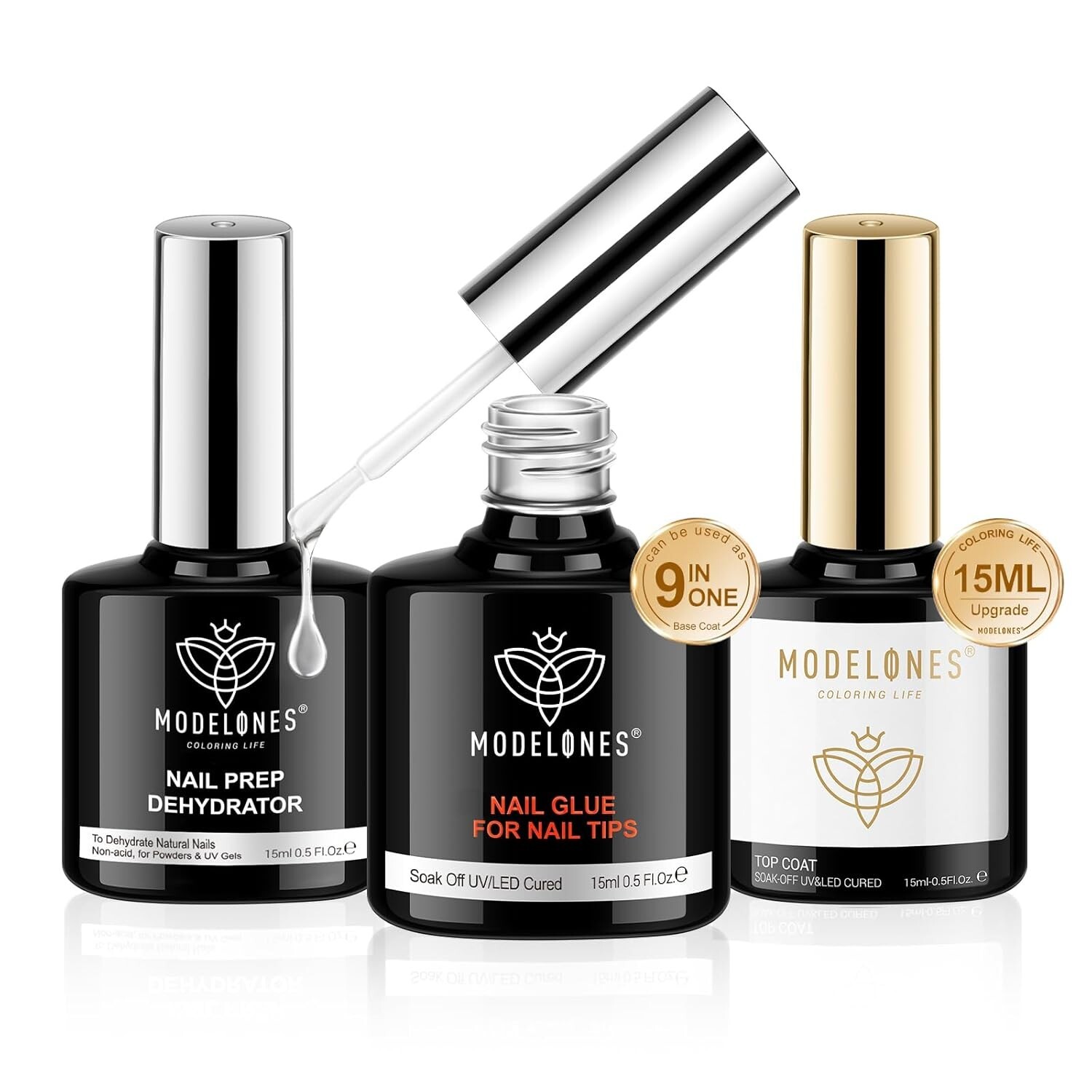 Ultimate 3 PCS Nail Art Kit: 15ml Nail Glue, No Wipe Glossy Top Coat & More