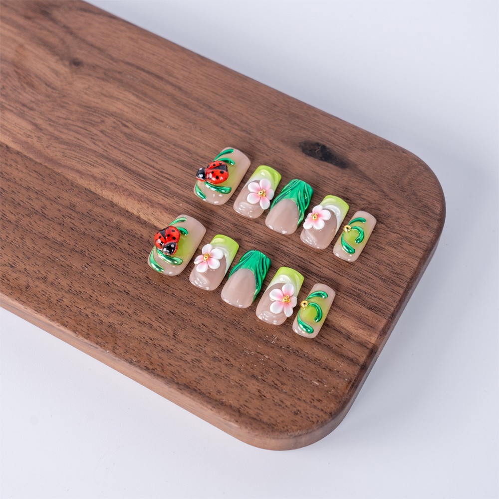 Kawaii Handmade Green Floral Press On Nail Short Square Shape for Daily Vacation
