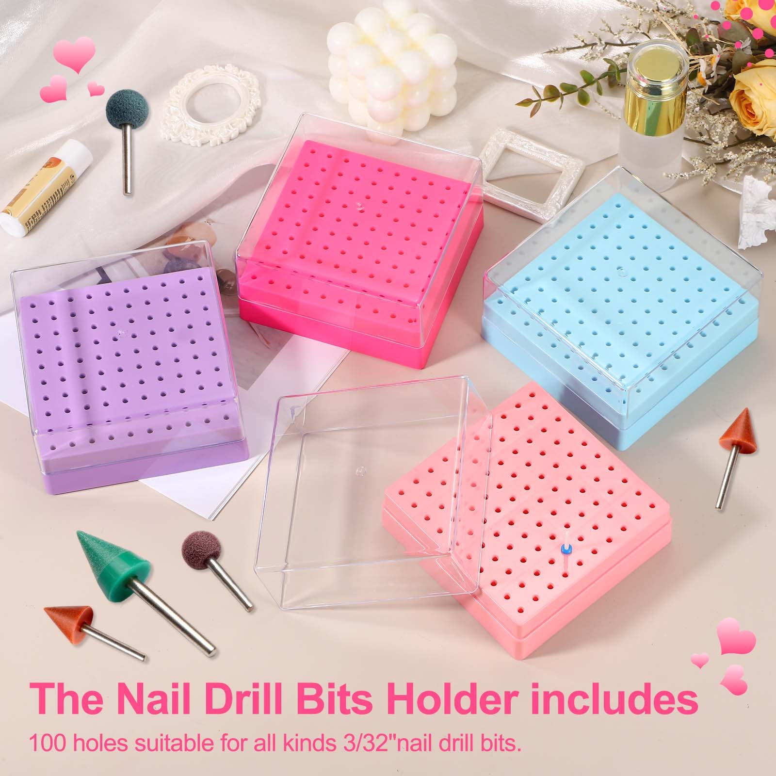 Nail Drill Bits Holder 100 Holes Large Space Drills Bit Case Purple