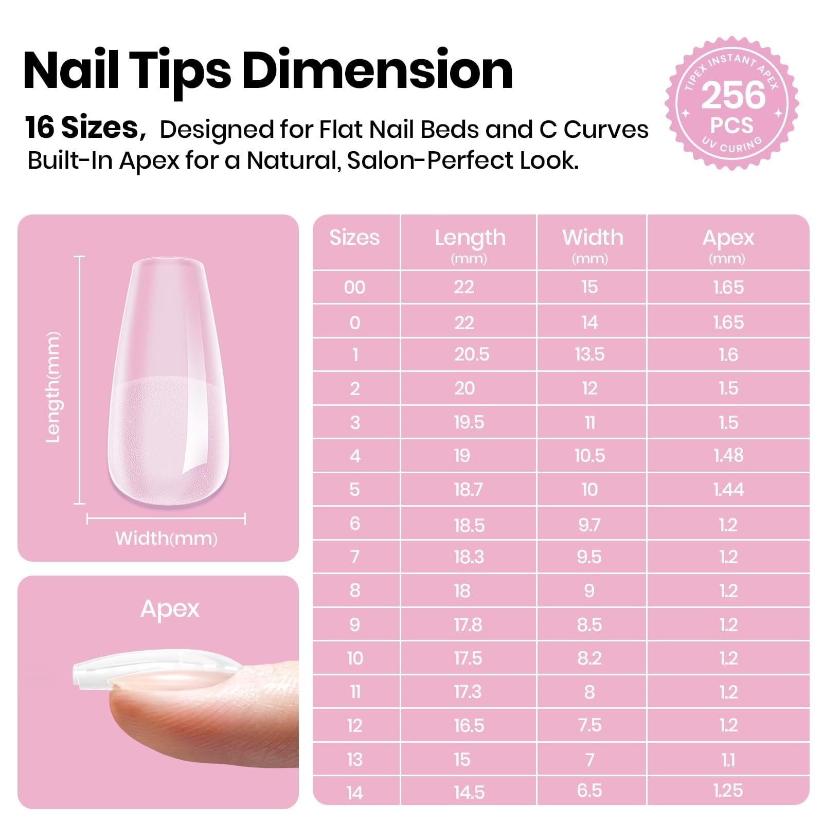 Instant Apex Nail Tips – Short Coffin, 256pcs Value Pack, 16 Sizes 00-14, No Bui