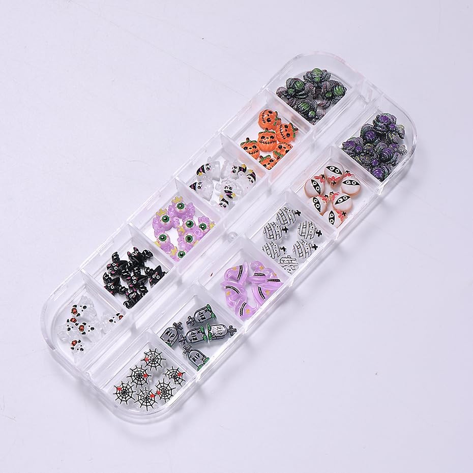 12 Grid Halloween Nail Charms Rhinestones Cute Spider Pumpkin Bat Resin Nail …