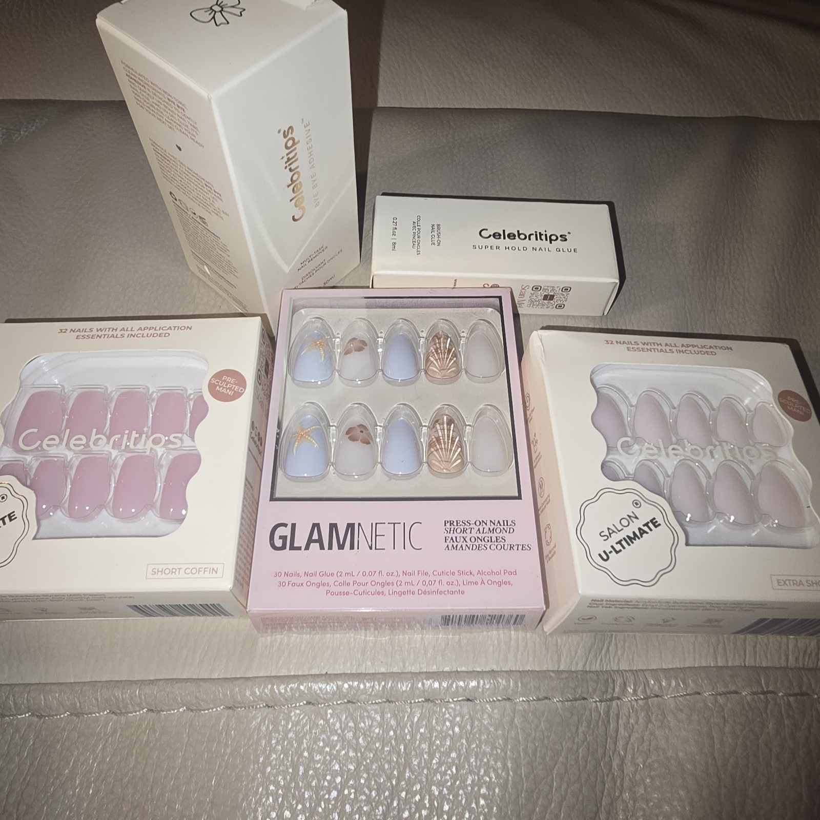Celebritips Lot Short Almond/Coffin Pink + Remover & Glue/Glamnetics Seashell