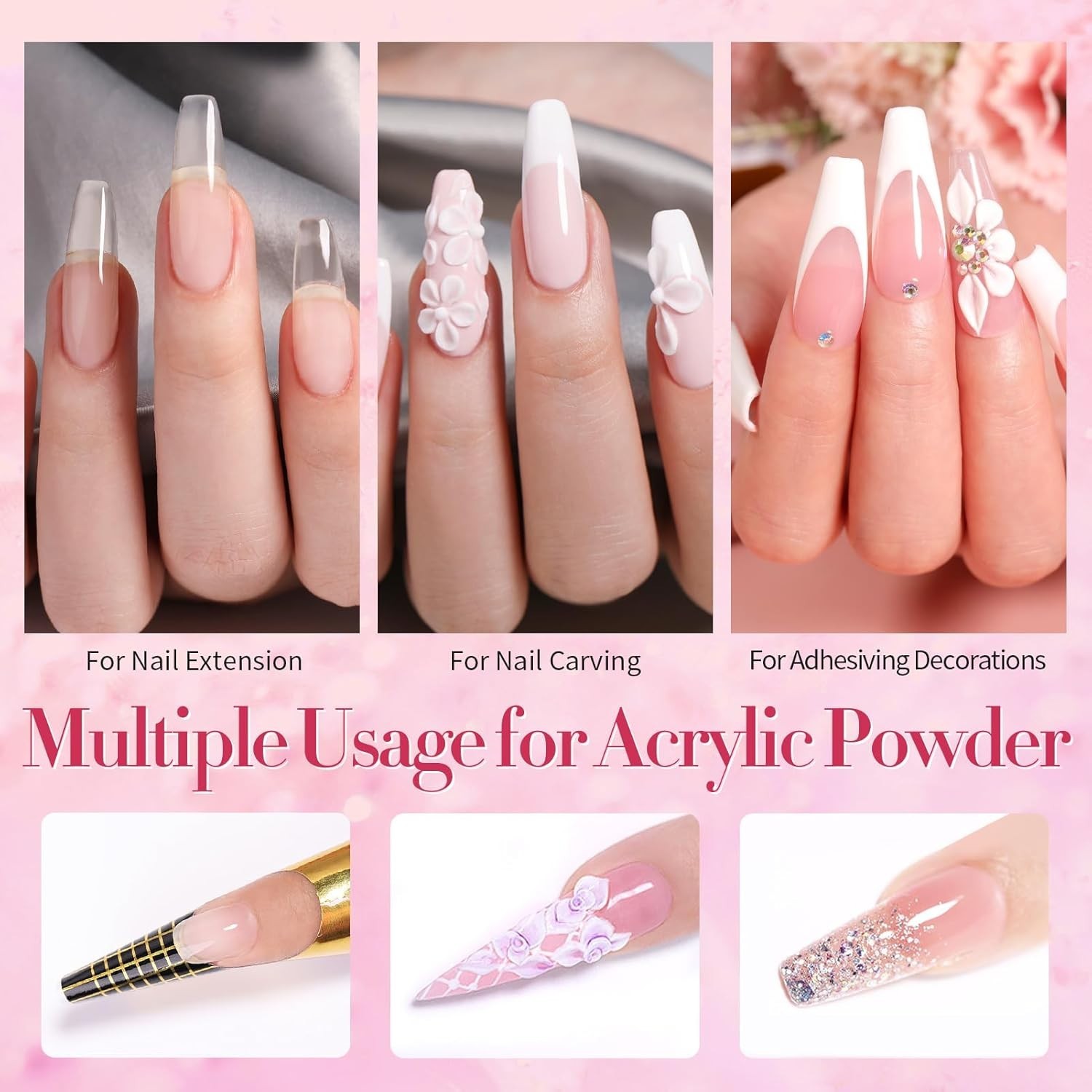 Luxury Acrylic Nail Kit: Pink, White, Clear Powder & Monomer for 40 Perfect Tips