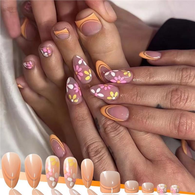 Vibrant Orange French Daisy Press On Nails Summer Nail Kit