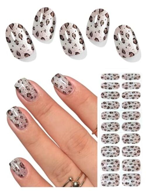 Semi Cured Gel Nail Strips (), Brown, 20 Pcs Fall Gel Leopard Print Cat Eye
