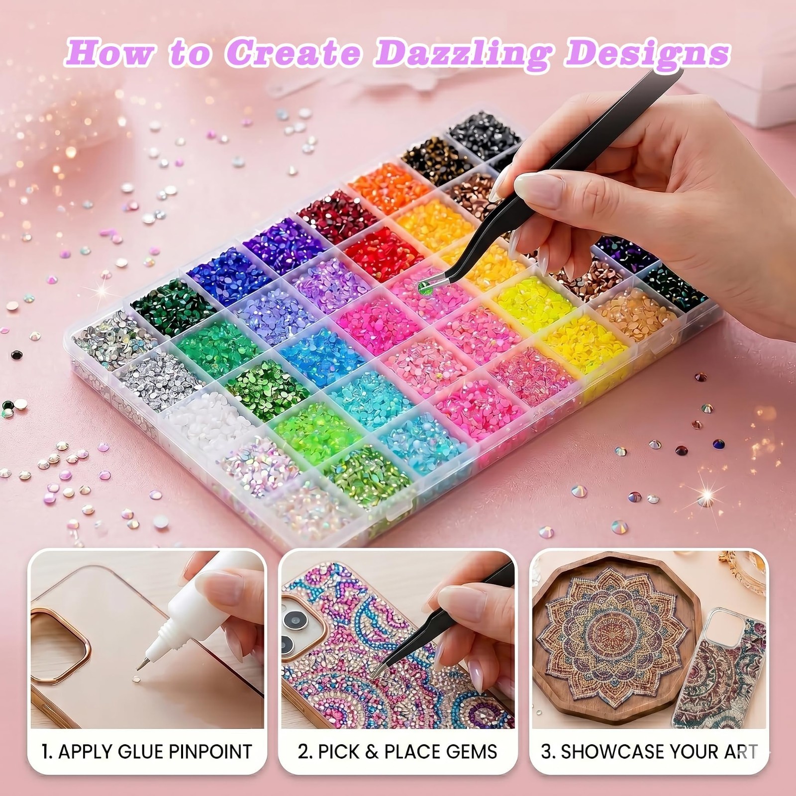 33000 Pcs Rhinestone Bedazzling Kit – 40 Colors 3mm Flatback Gems, Glue, Tweezer