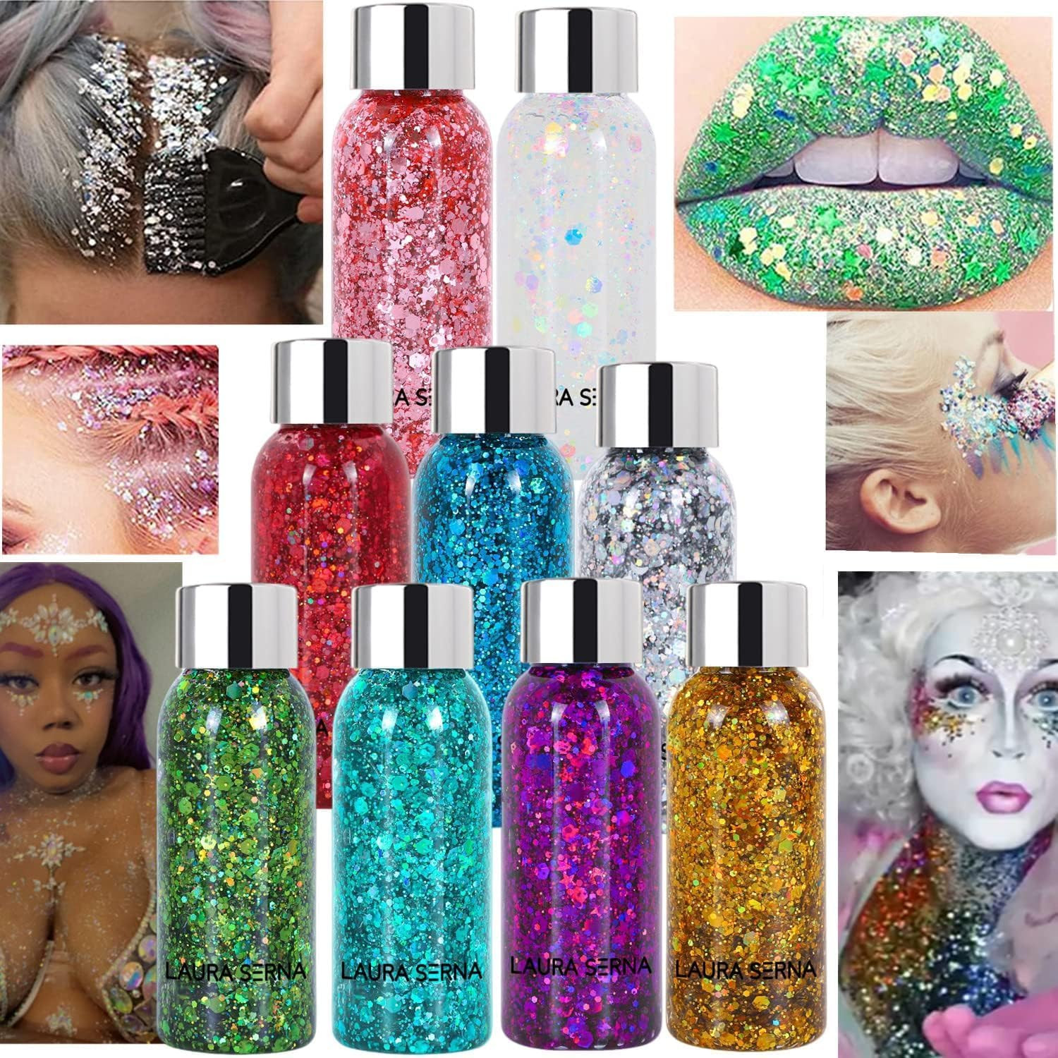 9 Pack Body Glitter Gel, Mermaid Sequin Chunky Glitter Face Hair Nail Lip Glitte