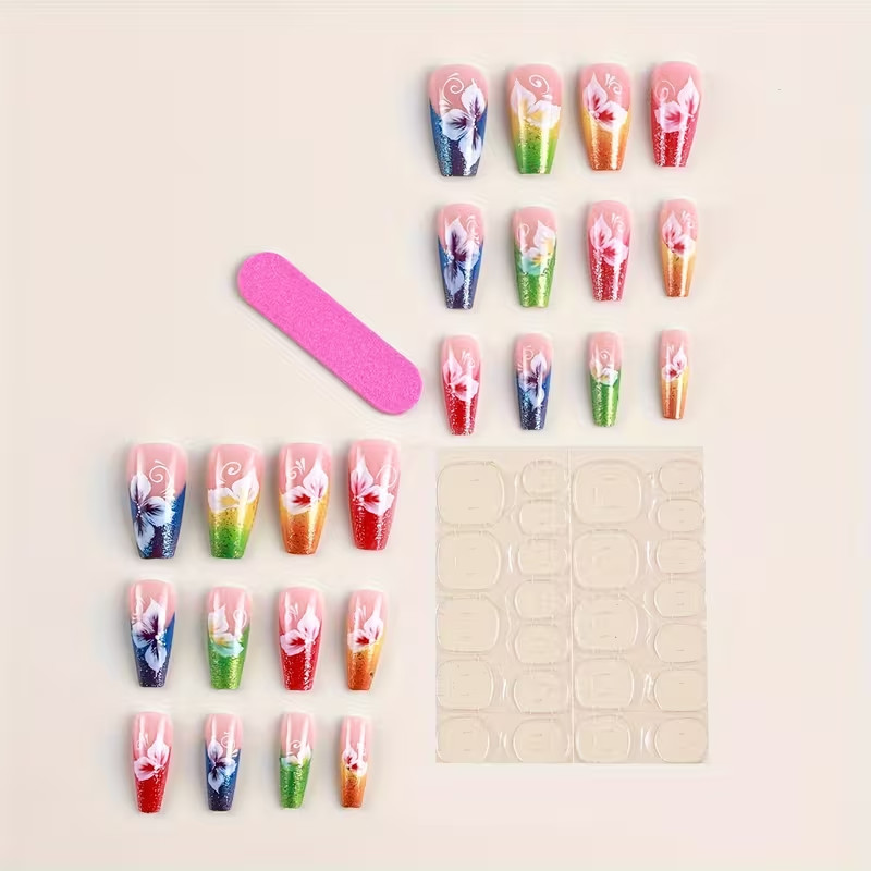 24pcs Long Ballerina Shape Press On Nails, Fake Nail With Colorful Flower
