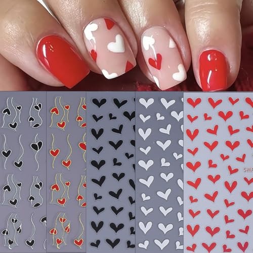 5Sheets Heart Nail Art Stickers Black White Red Heart Nails Heart Stickers-9