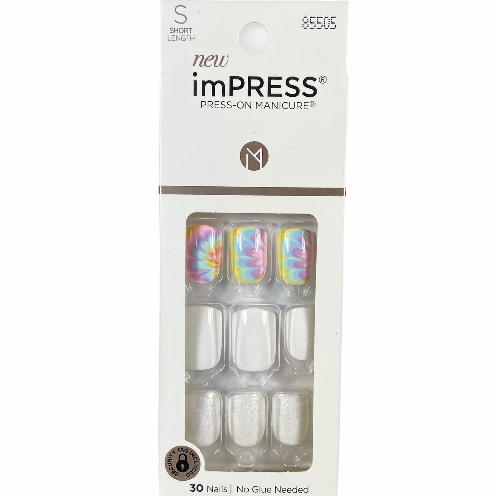 NEW Kiss Nails Impress Press On Manicure Short Gel White Glitter Tie Dye Pink