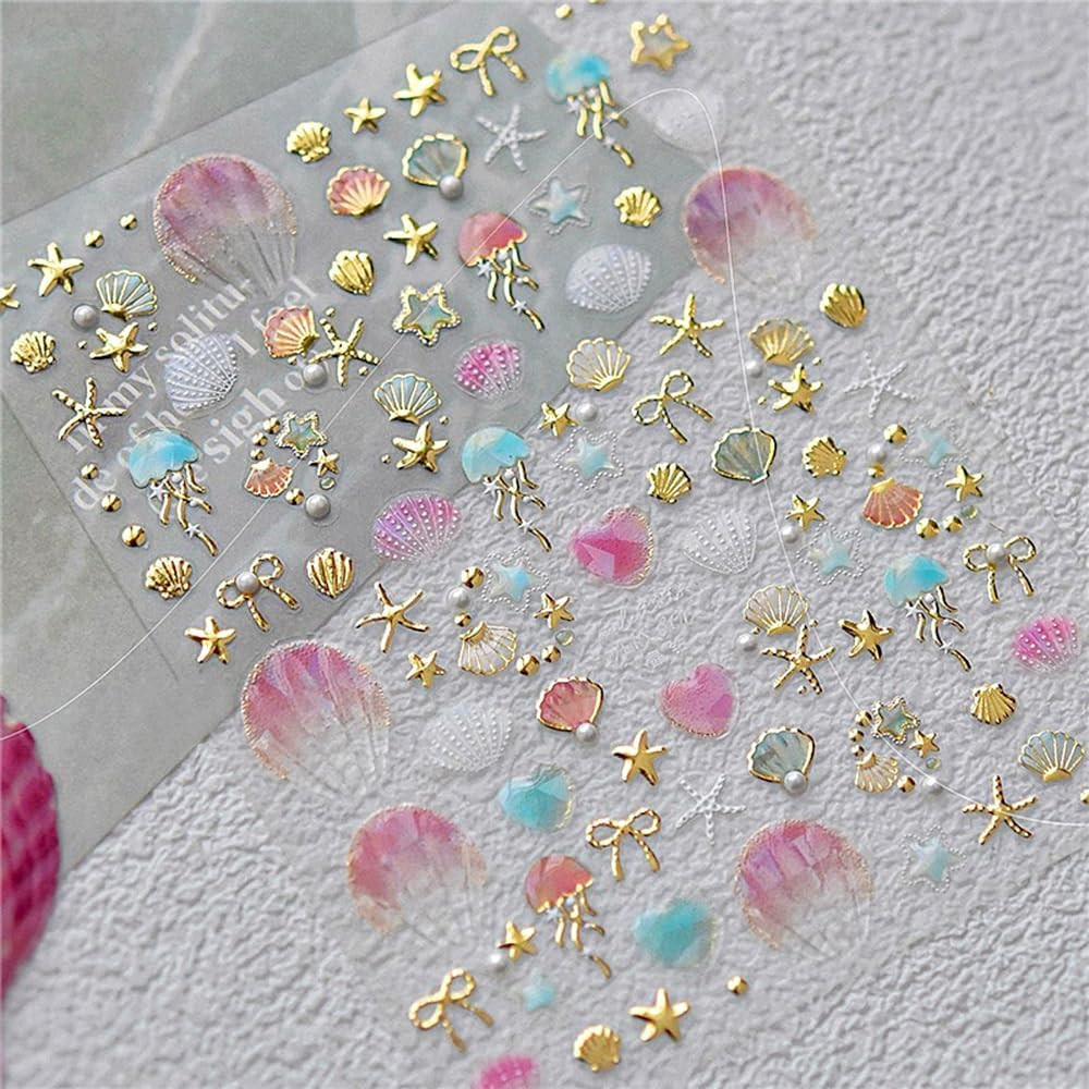 Shiny Golden Jellyfish Starfish Seashell Sea Beach Summer Nail Stickers Cute Bow