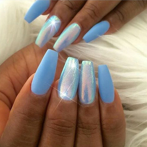 Nail Glitter Light Blue Mermaid Effect Iridescent Pearl Gold Shiny Mirror Nails
